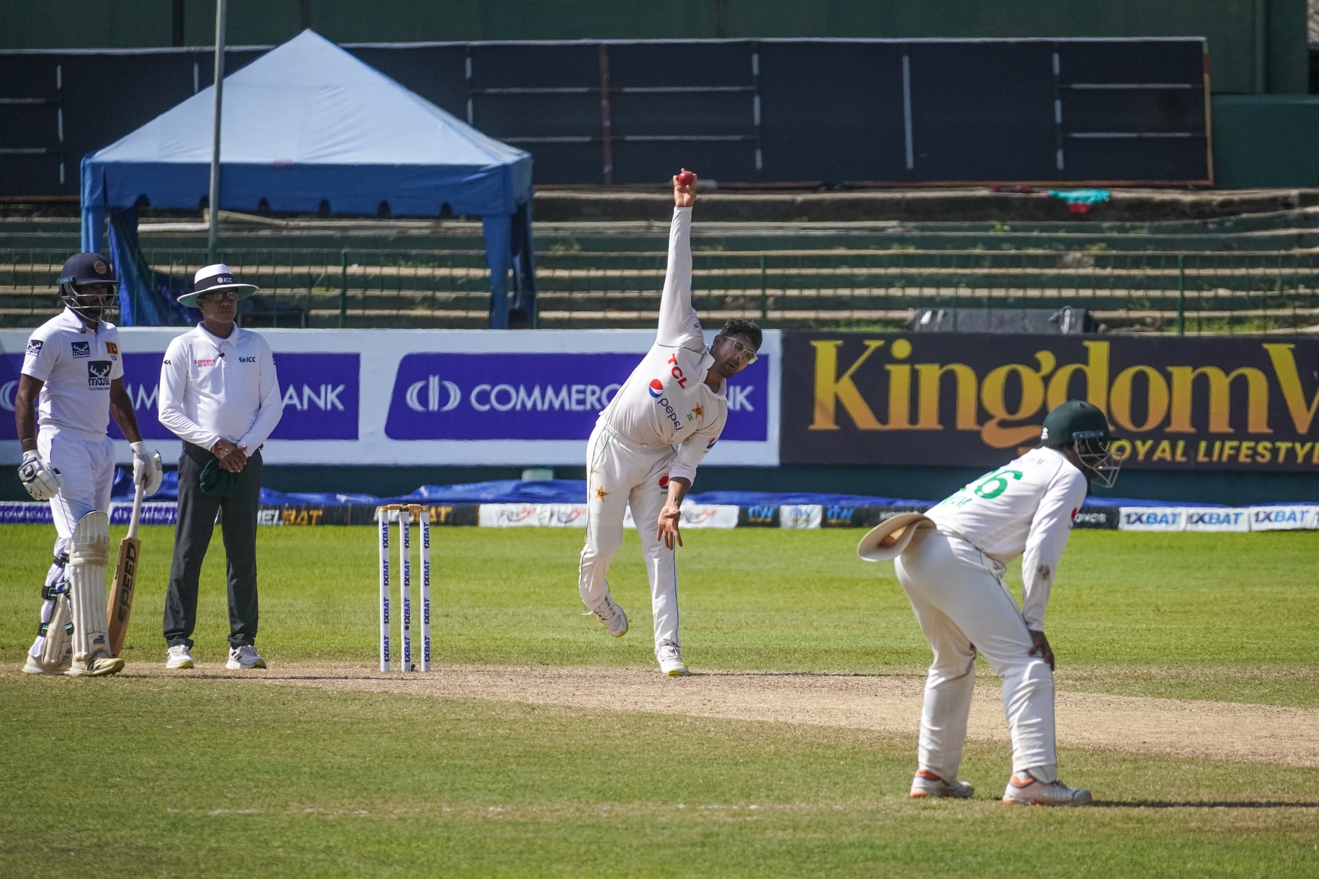 Abrar Ahmed in his bowling action at the Sinhalese Sports Club ground in Colombo during Pakistan's 2023 tour of Sri Lanka