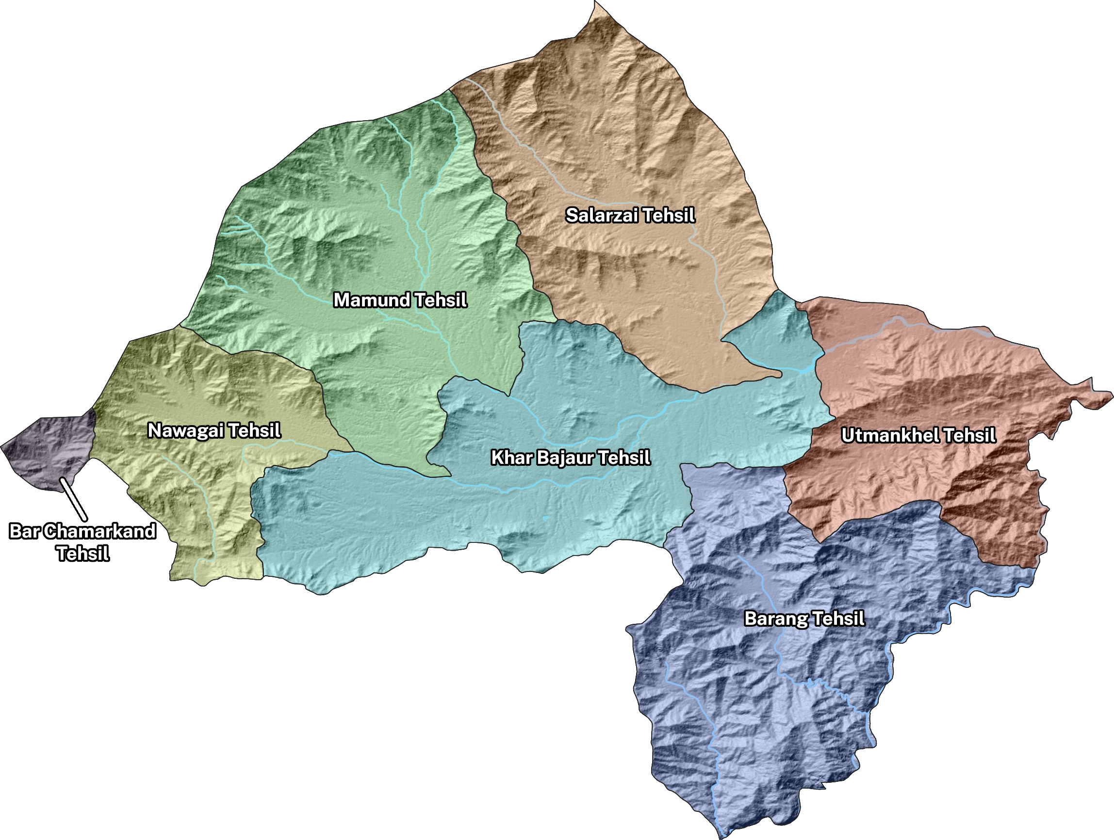 A terrain map of Bajaur District in Khyber Pakhtunkhwa, Pakistan, showing its tehsil boundaries and neighbouring districts.