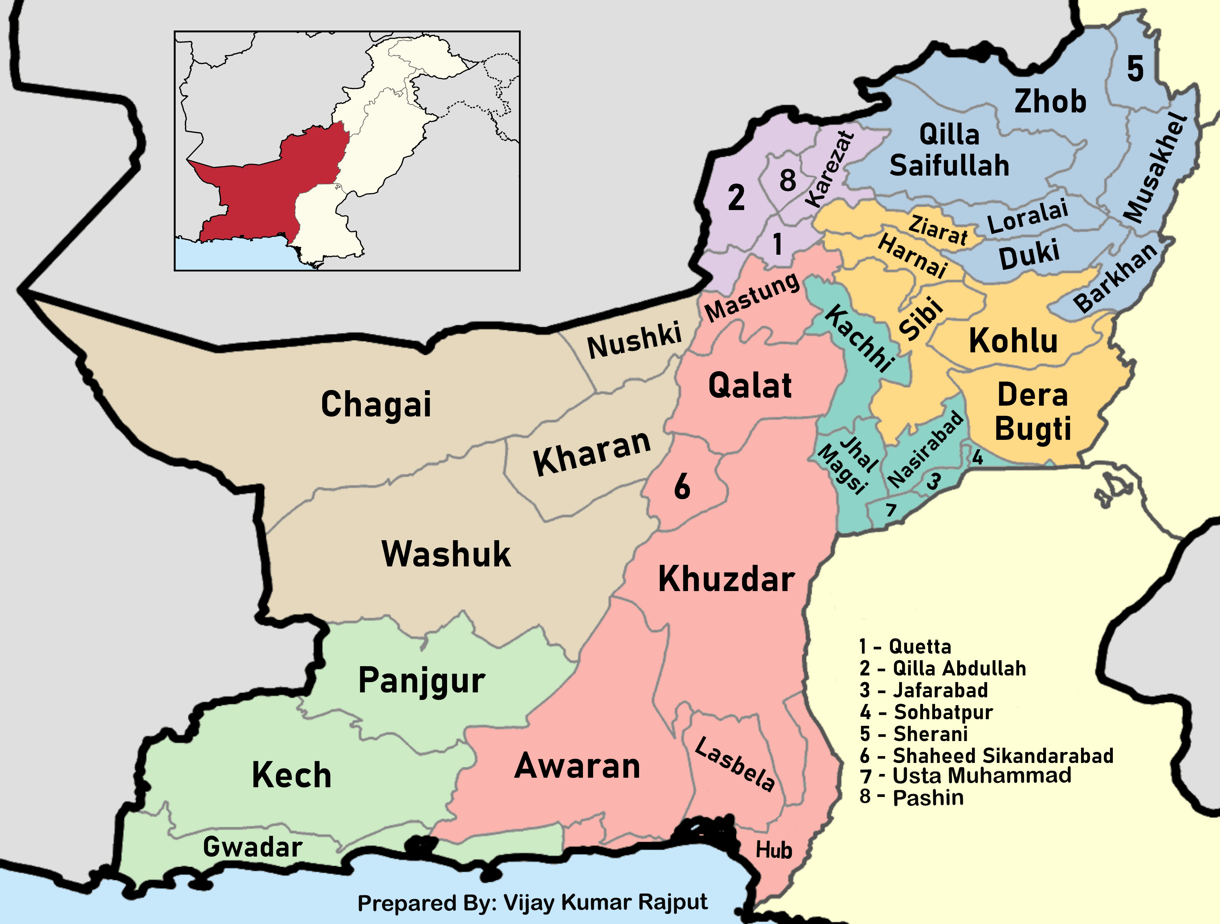 A map of Balochistan's districts, with Kalat, Mastung, Nushki, Kharan, Chagai and Washuk labelled among the province's administrative areas.