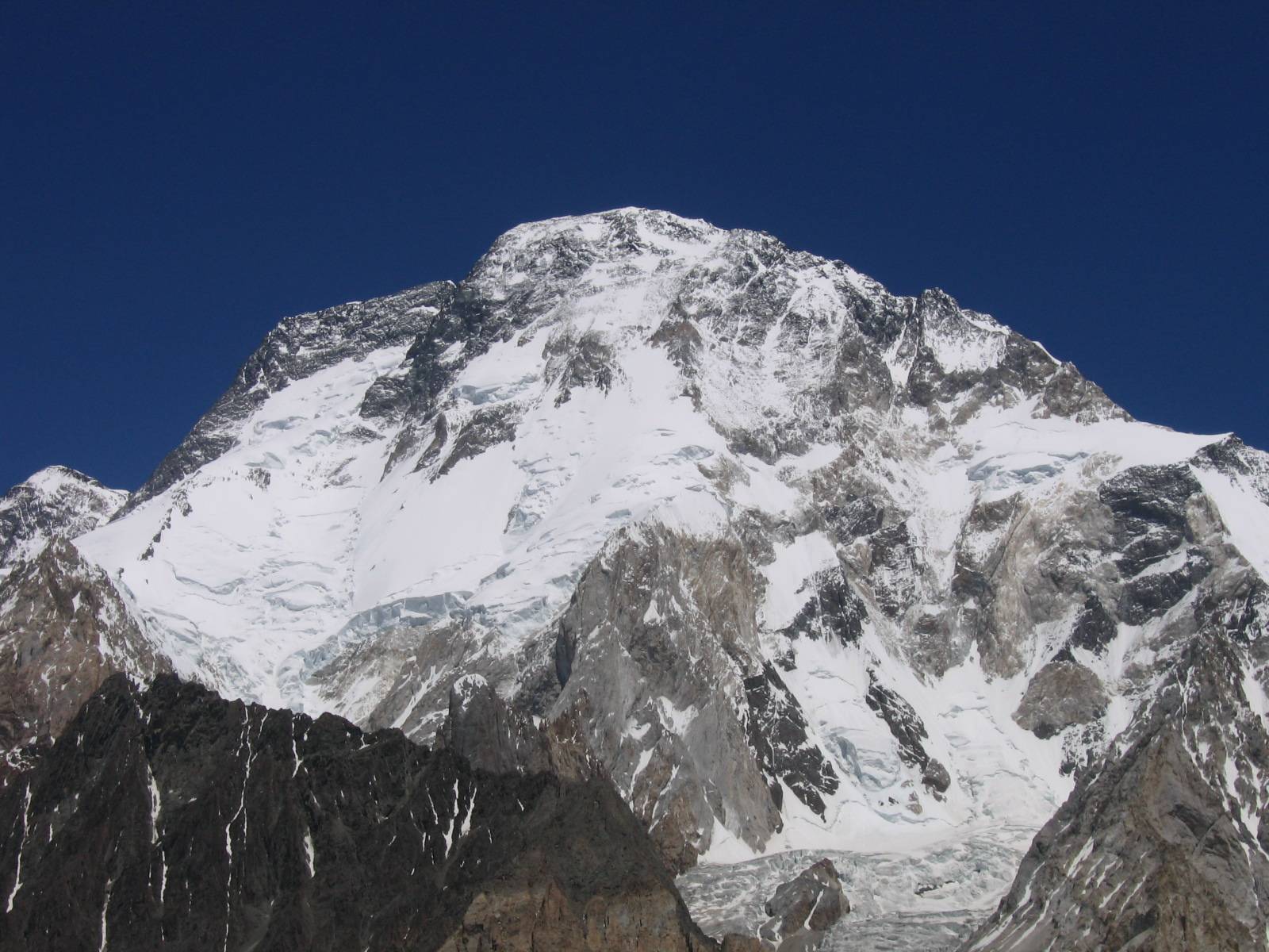 Broad Peak rising above a glacier in Pakistan's Karakoram range.