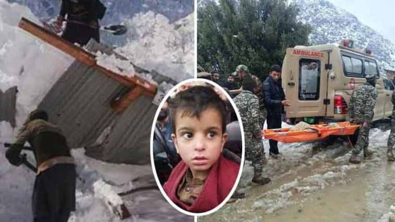 Rescue workers dig through snow beside damaged structures in Chitral while an ambulance crew carries a stretcher, with an inset portrait of the rescued child.