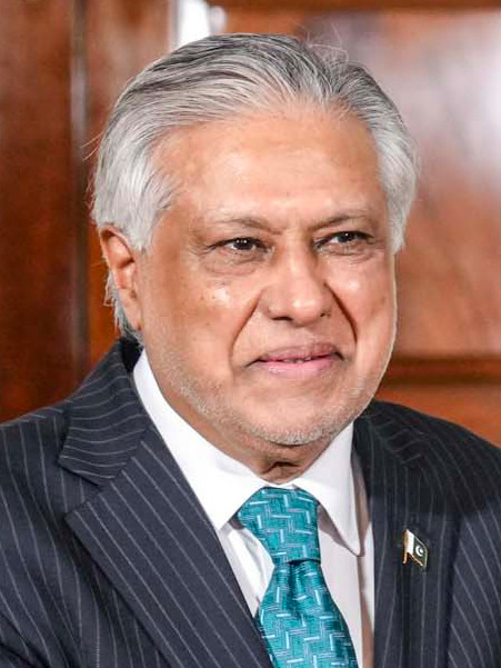 Foreign Minister Ishaq Dar wearing a dark suit at an official engagement.