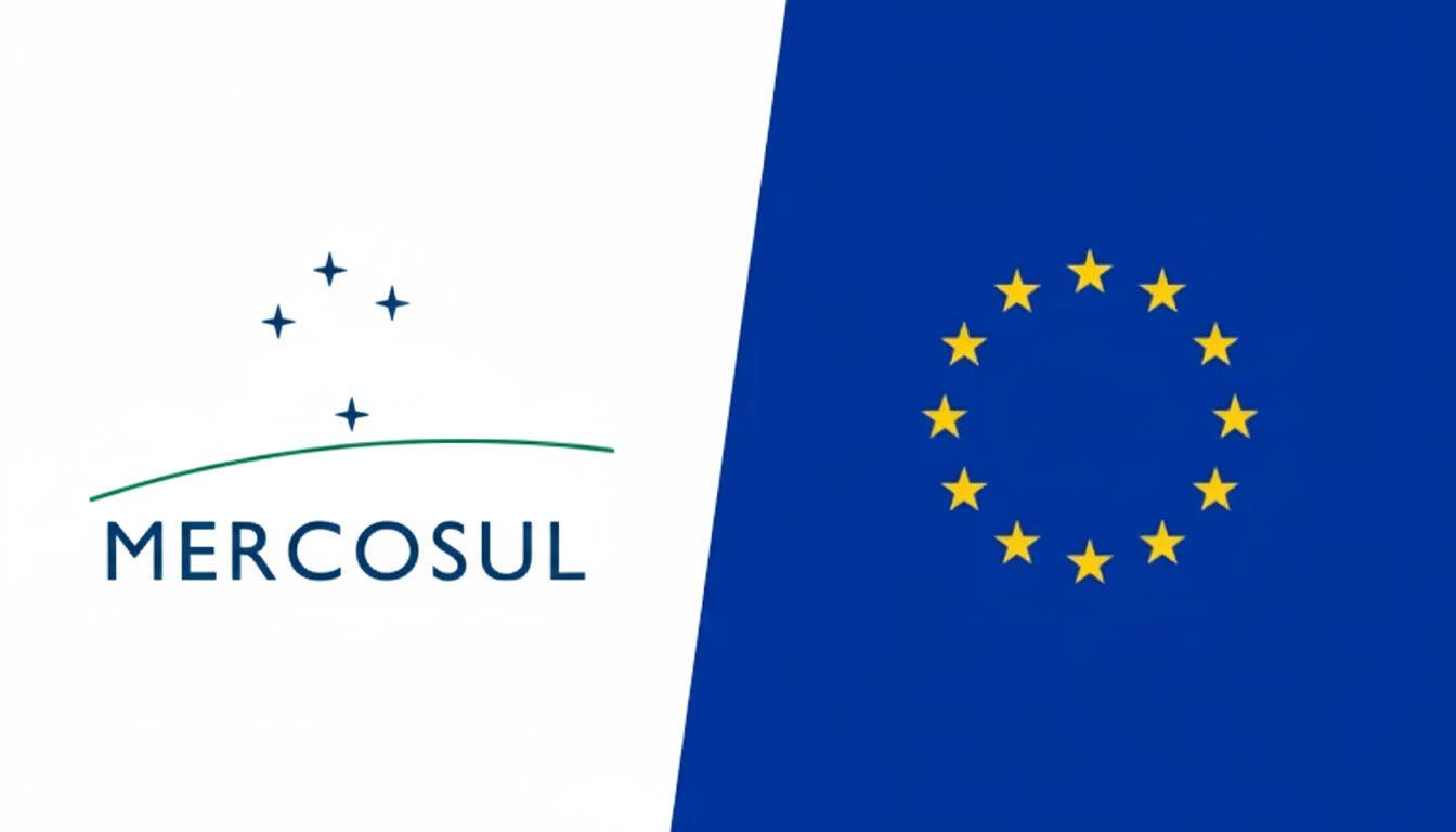 Symbolic composition showing the Mercosur logo alongside the European Union flag, representing the trade partnership approved on 9 January 2026