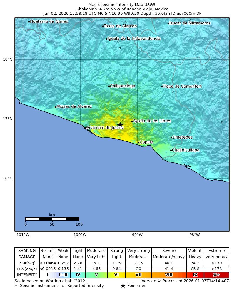 USGS map of Guerrero showing the strongest modeled earthquake shaking around San Marcos, Acapulco and the Pacific coast