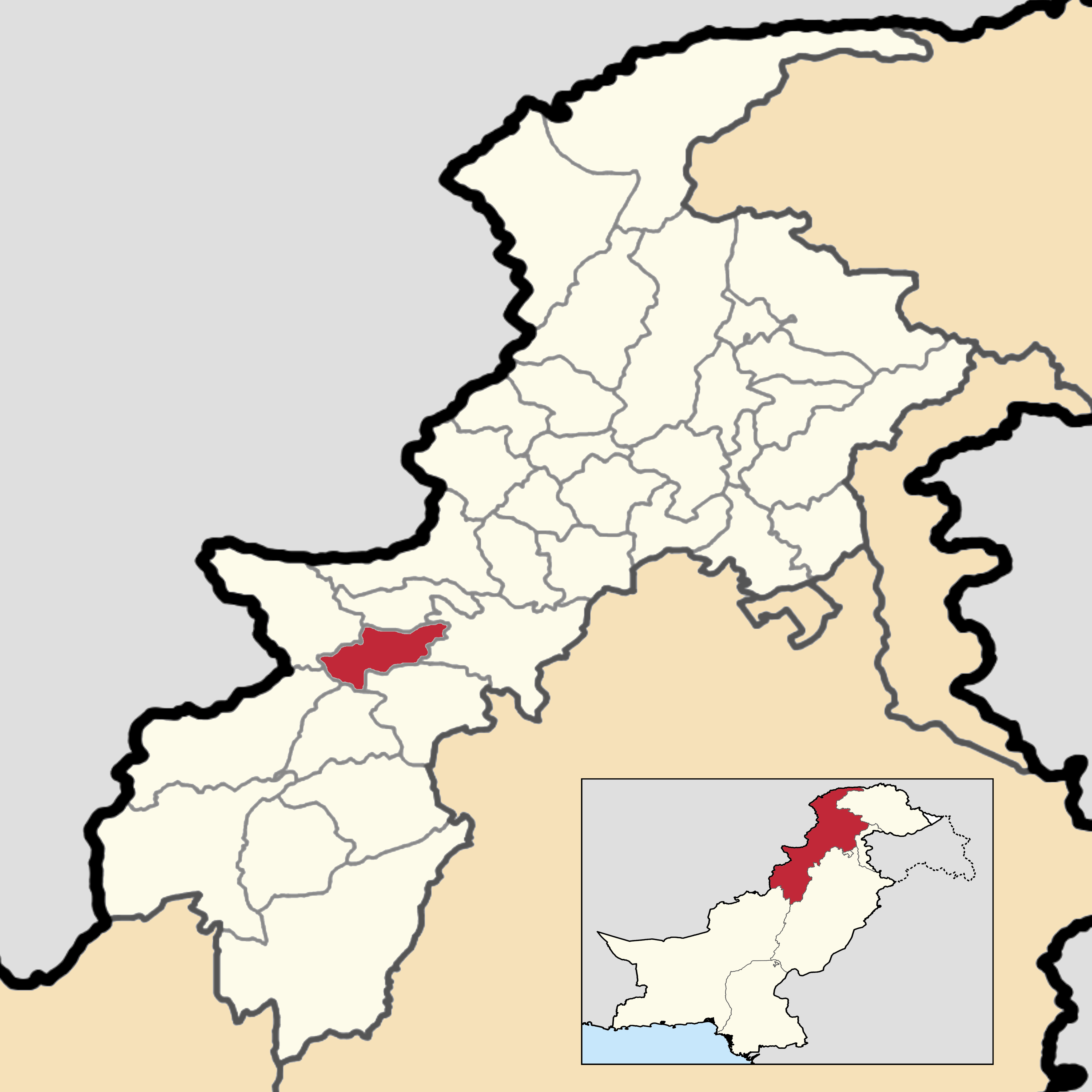Map showing the location of Hangu district within Khyber Pakhtunkhwa province, Pakistan.