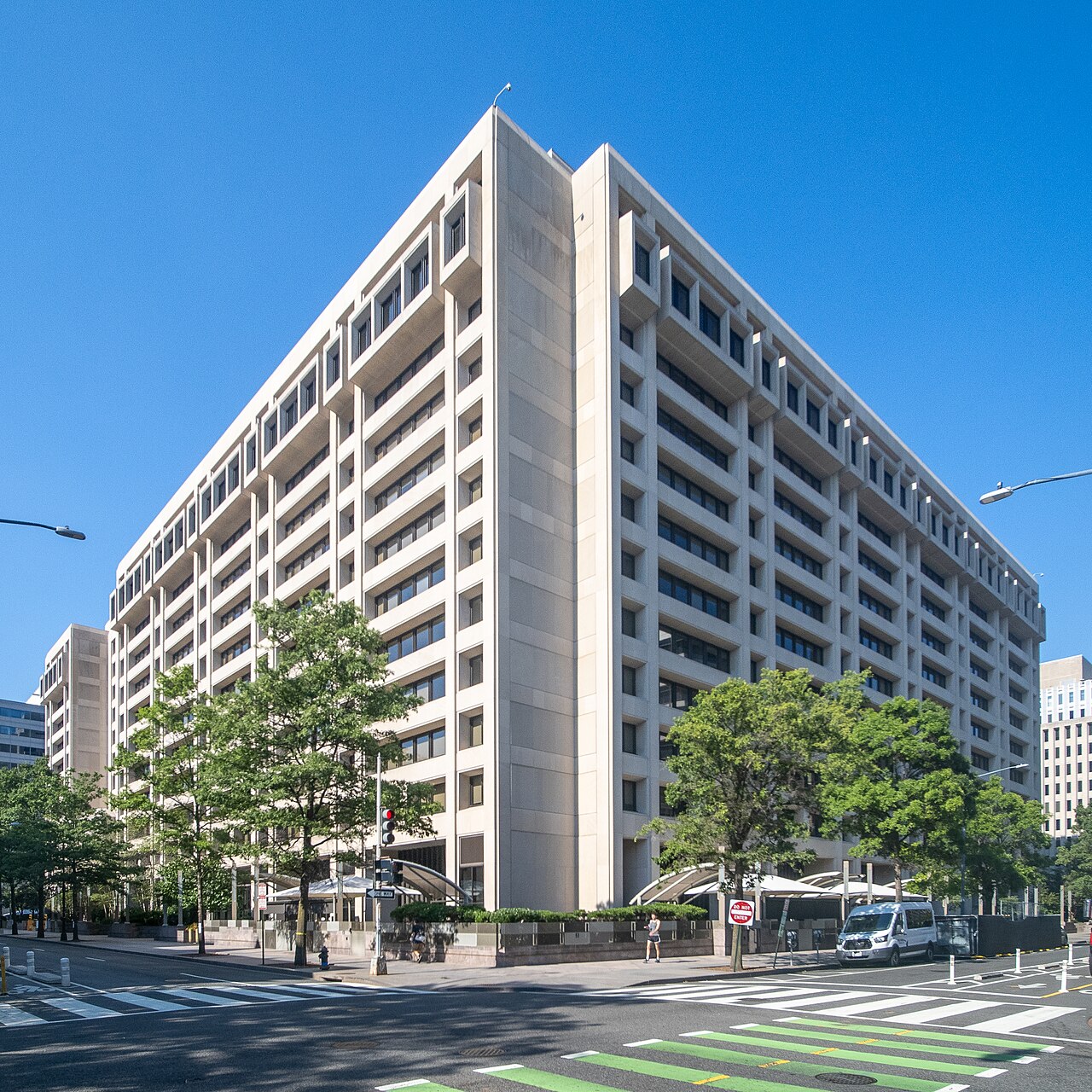 The International Monetary Fund headquarters building in Washington, D.C., seen from the street