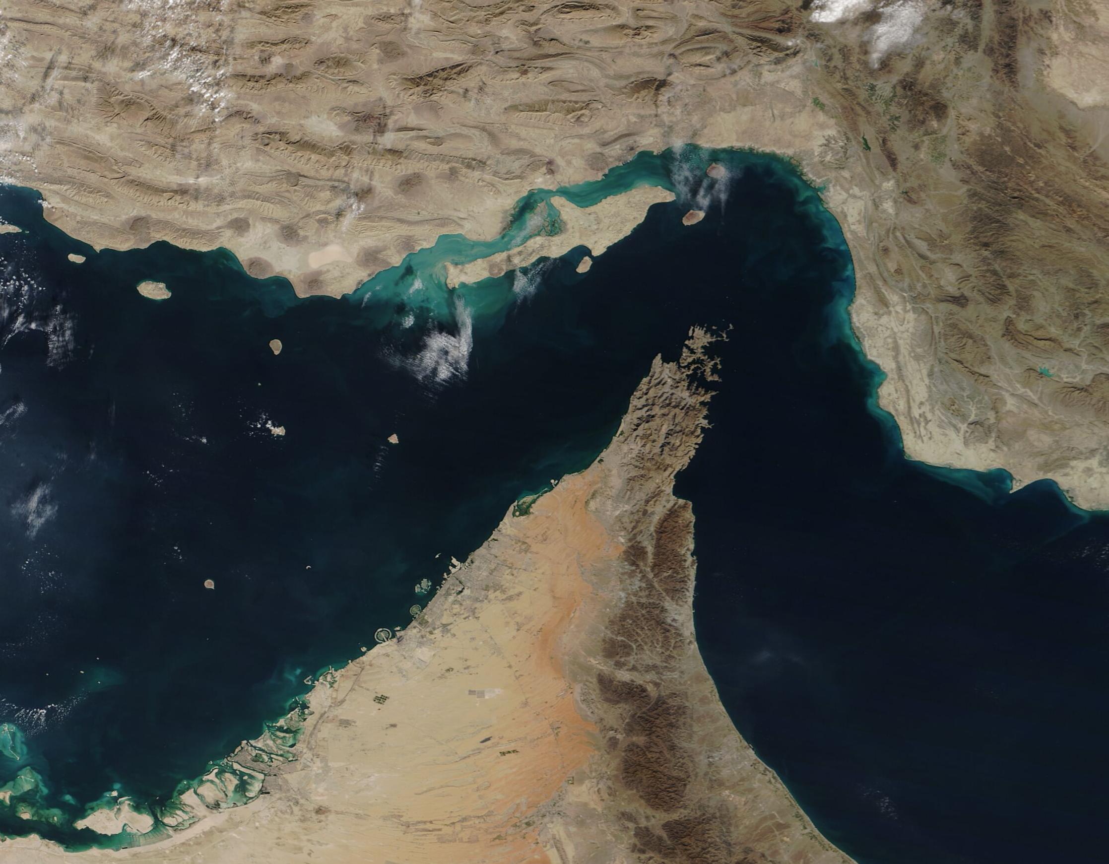 Satellite view of the Strait of Hormuz, the narrow waterway separating Iran from the Arabian Peninsula