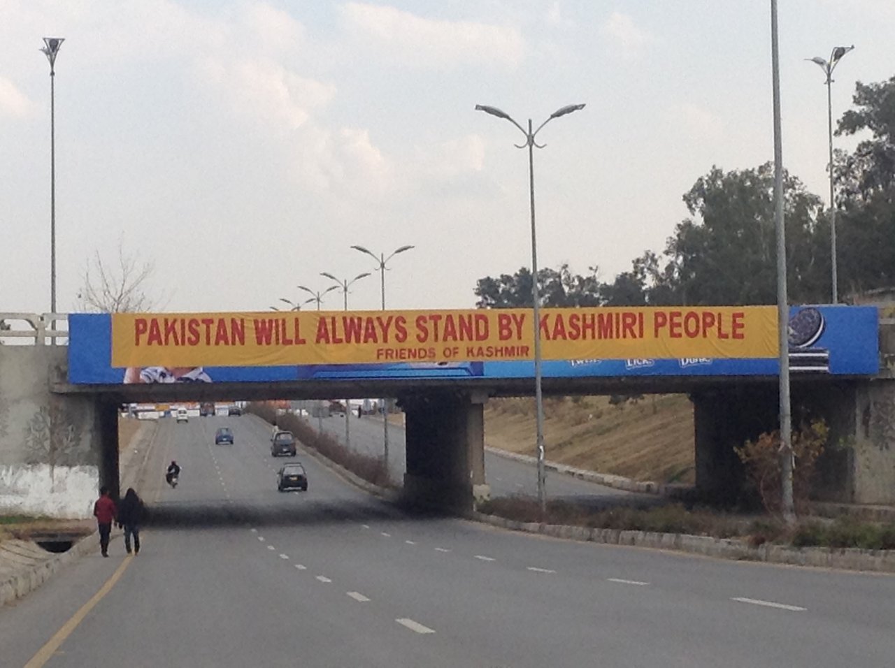 A Kashmir Solidarity Day banner displayed on a street in Islamabad, Pakistan