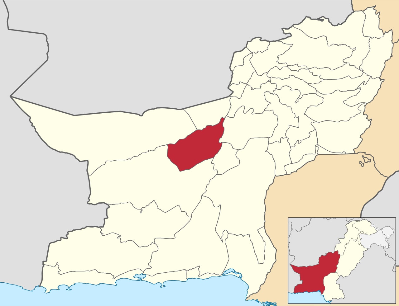 Locator map showing Kharan district highlighted within Balochistan province, Pakistan.