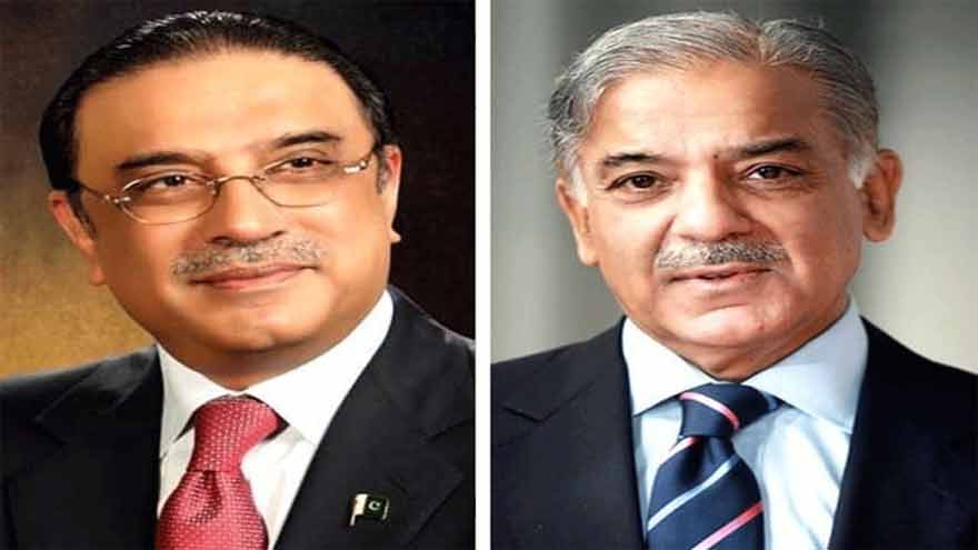A side-by-side portrait of President Asif Ali Zardari, left, and Prime Minister Shehbaz Sharif, right.
