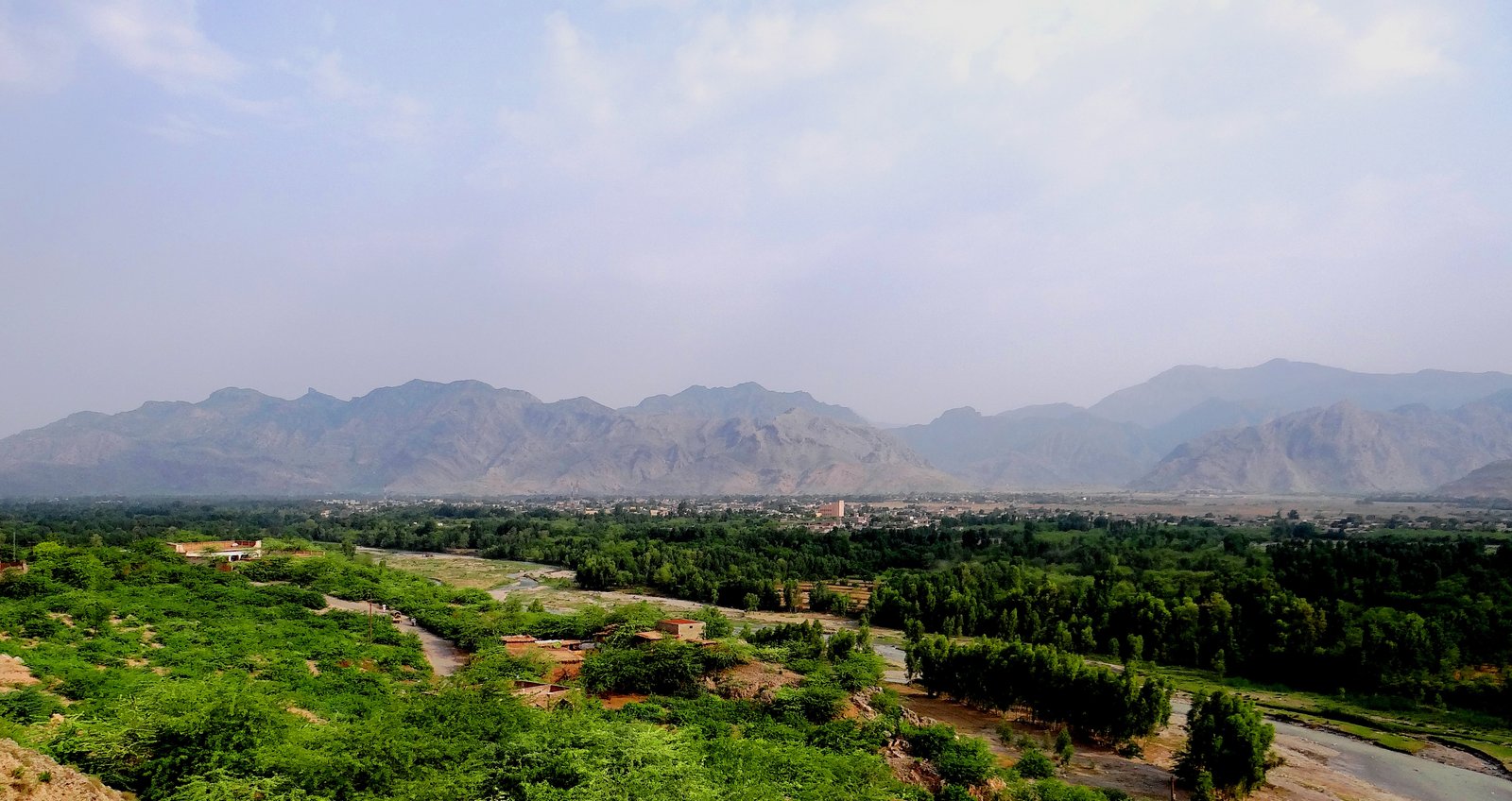 A wide view of the Kohat valley in Khyber Pakhtunkhwa under a clear sky