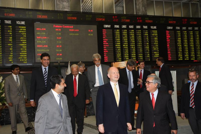 A visitor ringing the closing bell at the Karachi Stock Exchange in 2010