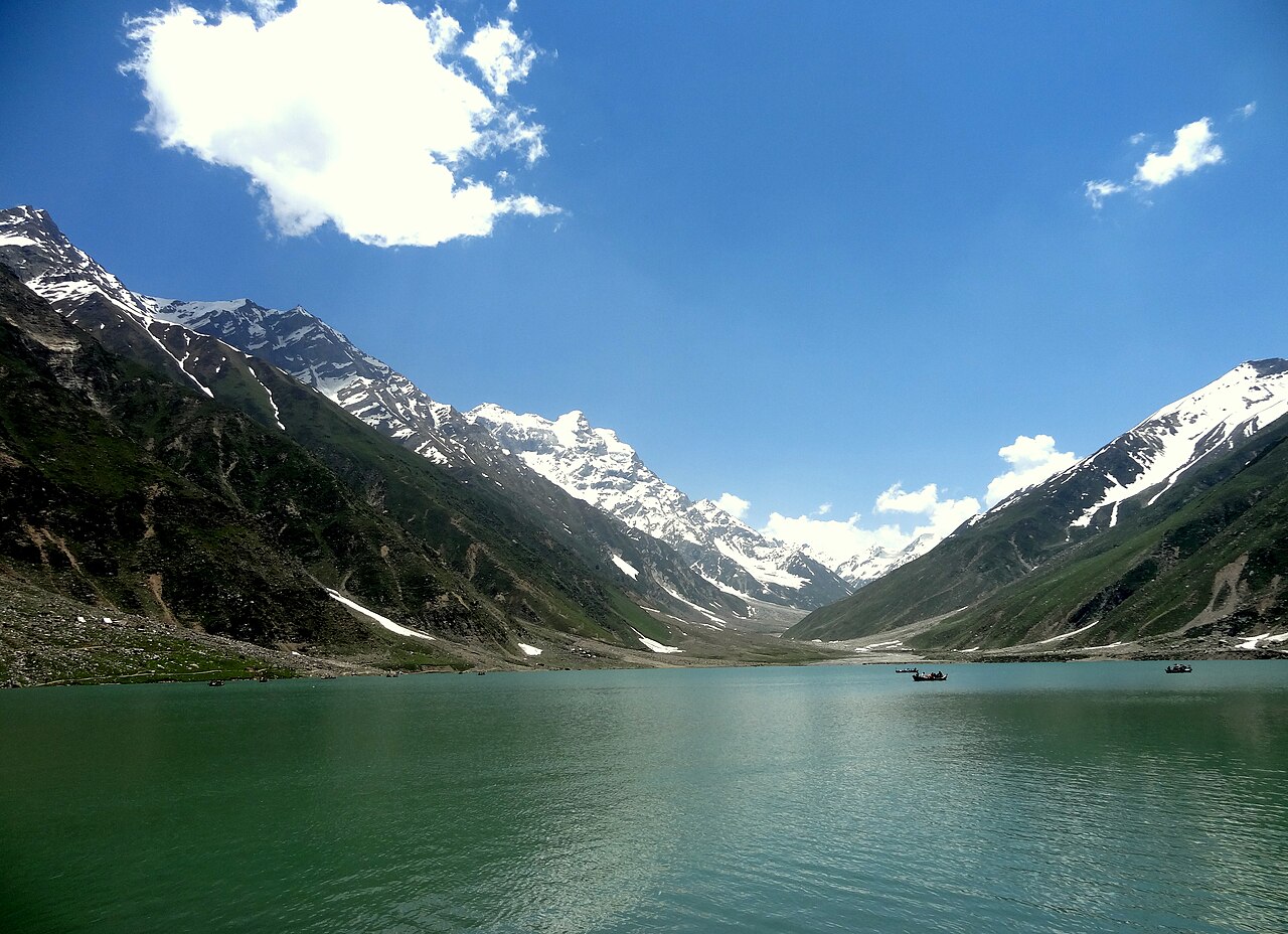 Lake Saiful Muluk in the Kaghan Valley, with turquoise water below snow-dusted mountains.