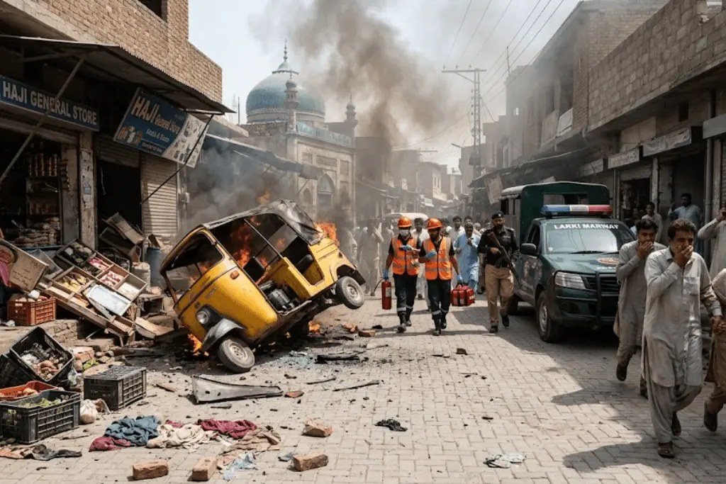 A burning rickshaw and damaged storefronts in a bazaar street as rescuers and a police vehicle respond in Khyber Pakhtunkhwa.