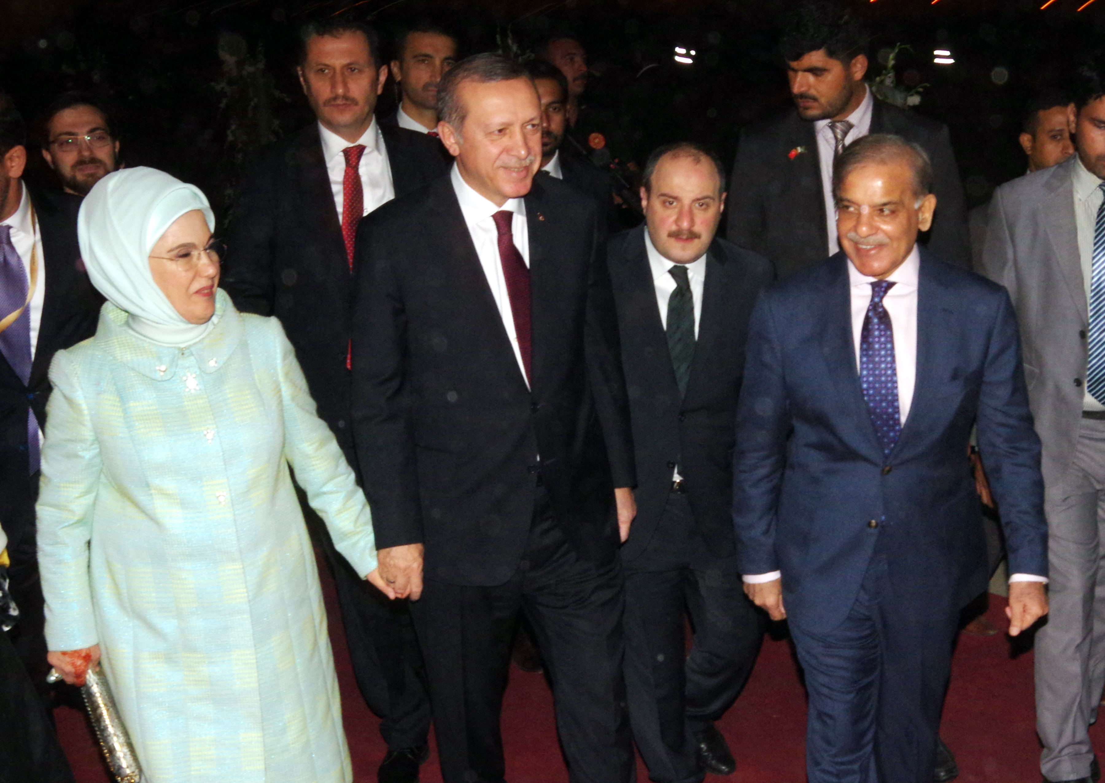 Pakistan Prime Minister Shehbaz Sharif standing beside Turkish President Recep Tayyip Erdogan at an official meeting.