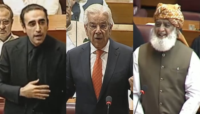 Bilawal Bhutto-Zardari, National Assembly Speaker Ayaz Sadiq and Maulana Fazlur Rehman in the assembly hall.