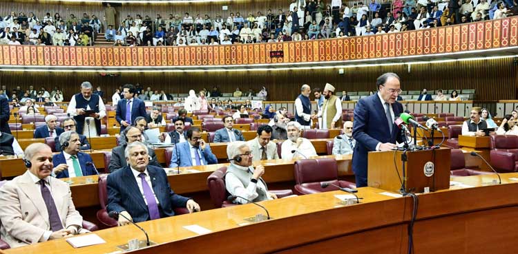 Finance Minister Muhammad Aurangzeb speaks at the podium during a National Assembly budget session.