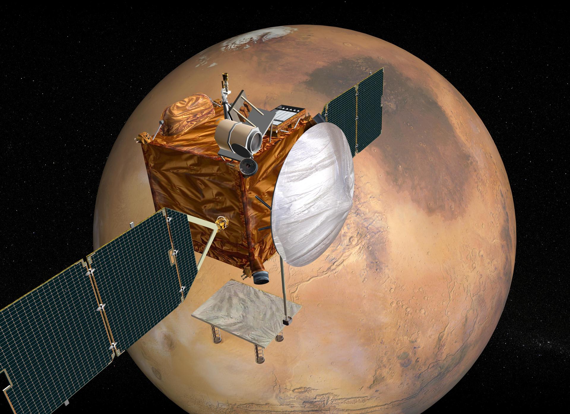 Artist illustration of a solar-powered telecommunications spacecraft orbiting above the horizon of Mars