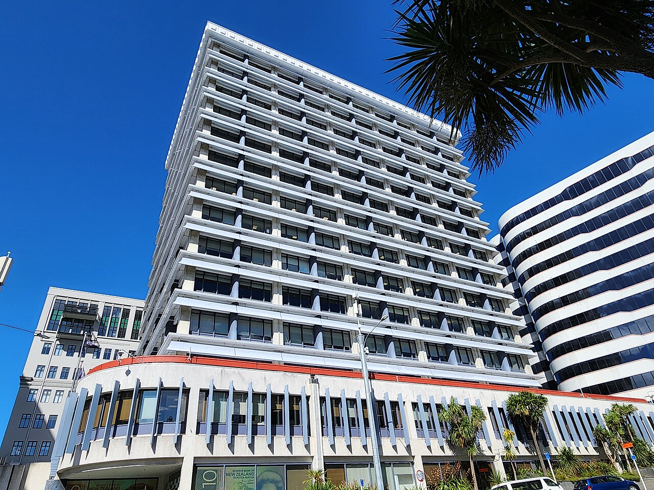 The Reserve Bank of New Zealand building beneath a blue sky in central Wellington