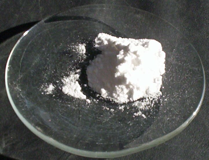 A sample of lithium carbonate, a white powder used in batteries.