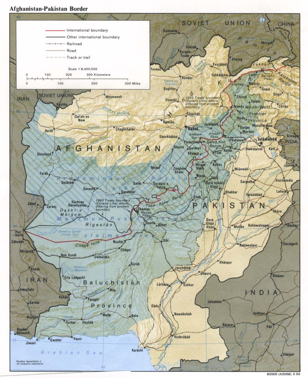 A 1988 map of the Afghanistan-Pakistan border showing the Durand Line and the road network across the frontier.