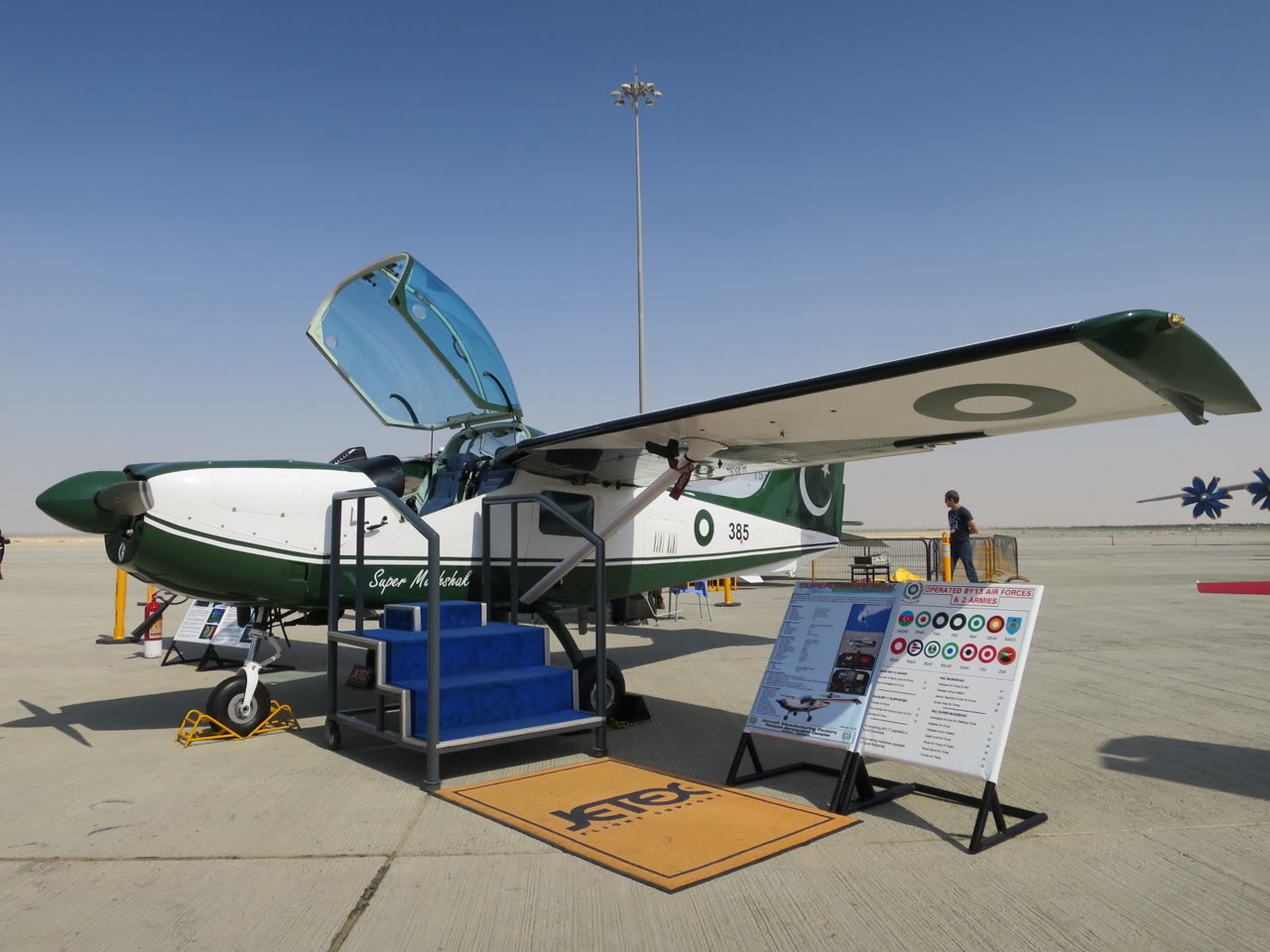 A PAC Super Mushshak trainer aircraft on display.