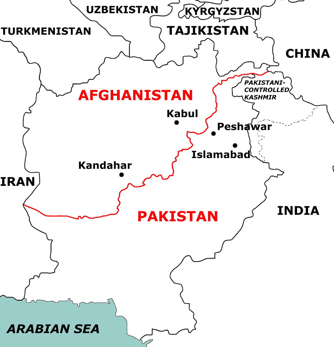 Map showing the border between Afghanistan and Pakistan.