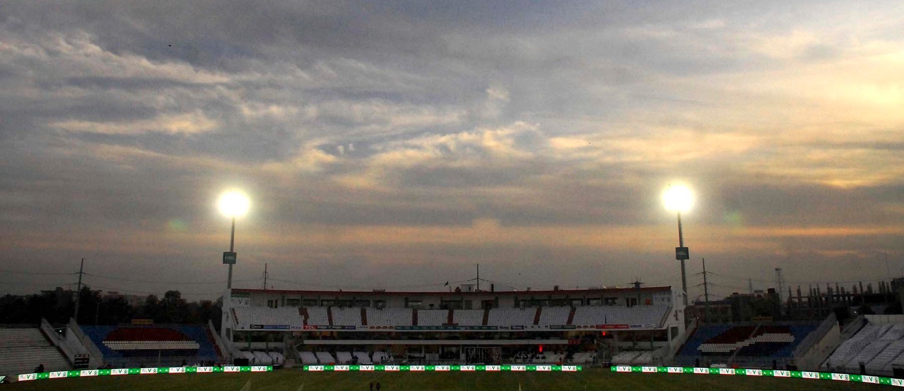 Floodlit view of the Rawalpindi Cricket Stadium during a Pakistan Super League match.