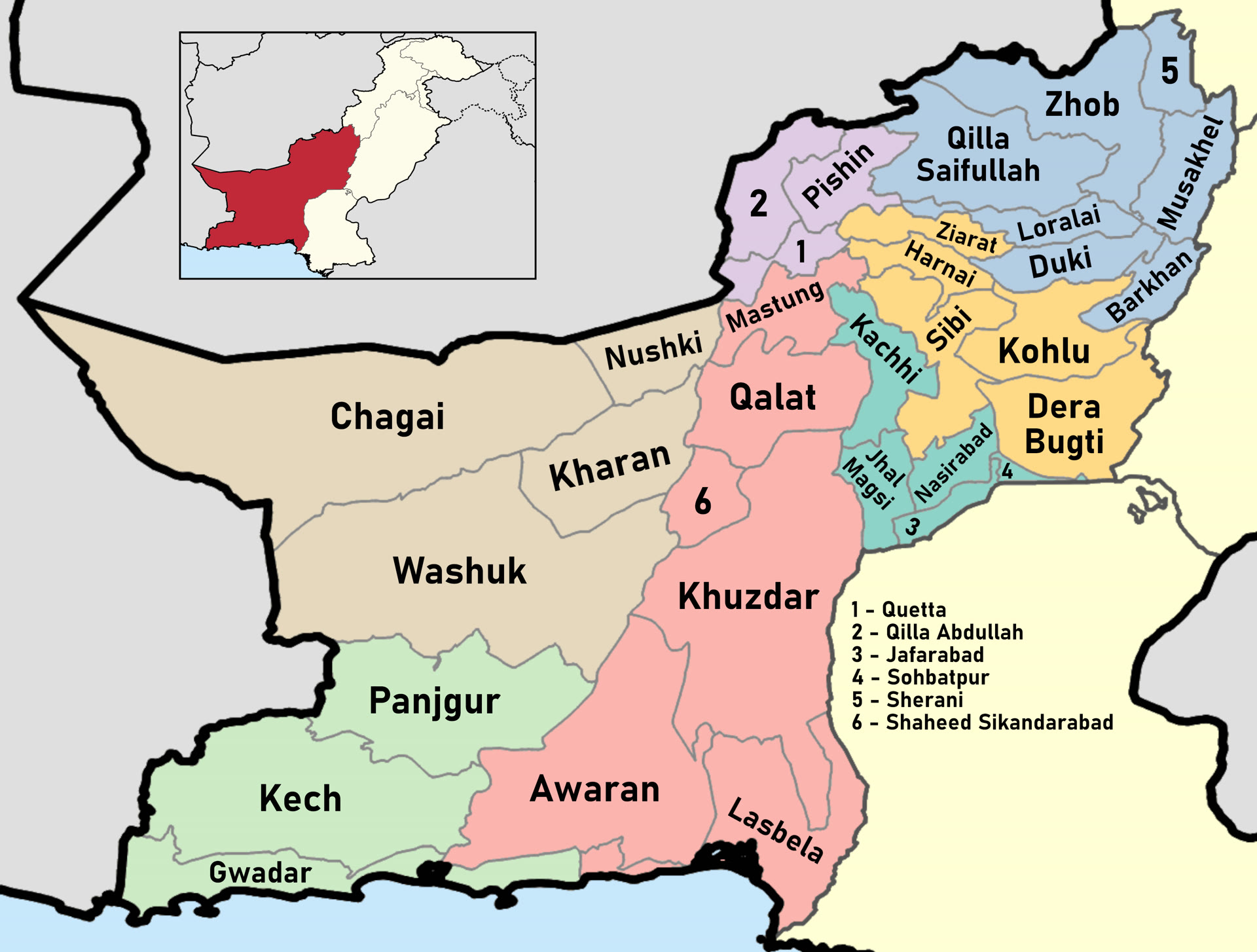 Map of Balochistan province showing its districts, each labelled in English.