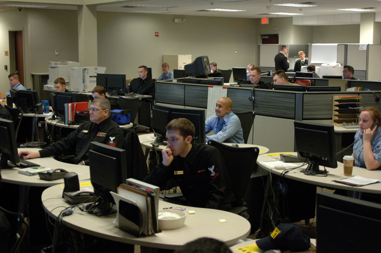 Sailors monitoring computer screens at the U.S. Navy Cyber Defense Operations Command in Norfolk, Virginia, in 2008