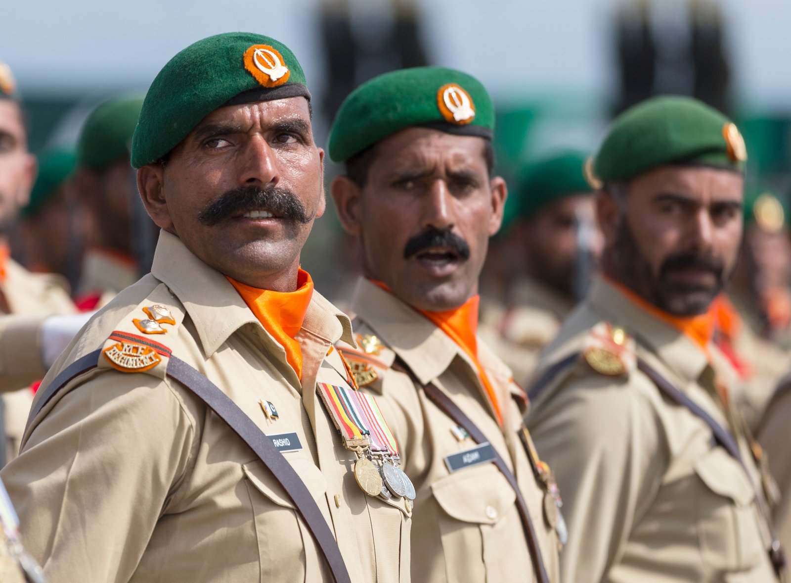 Soldiers march in formation during a Pakistan Day parade in Islamabad.