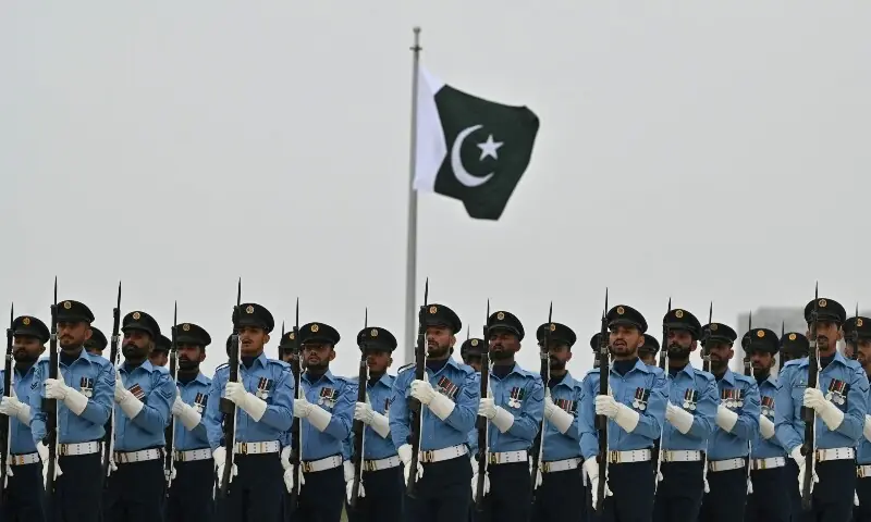 Pakistan Air Force cadets march at Quaid-e-Azam's mausoleum in Karachi on Defence Day