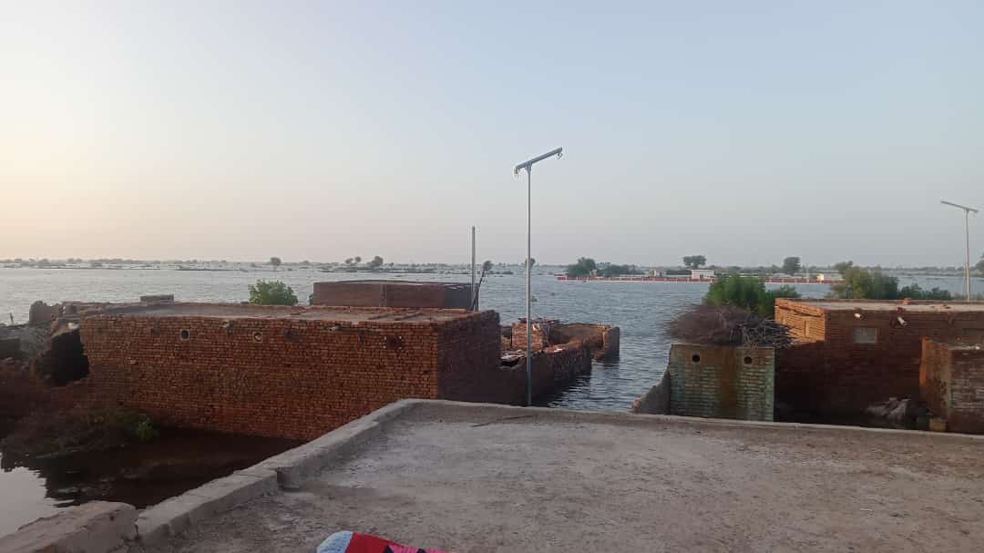 Flood water covering a village in Sindh, Pakistan.