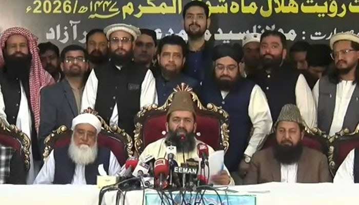 Central Ruet-e-Hilal Committee members, led by chairman Maulana Abdul Khabeer Azad, attend the Shawwal moon-sighting press conference in Islamabad on 19 March 2026.