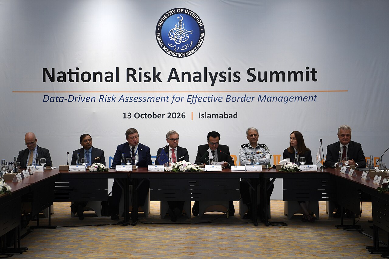 European Commissioner for Internal Affairs and Migration Magnus Brunner, centre left, with Pakistan's Minister of State for Interior Talal Chaudhry and other officials at an FIA seminar in Islamabad.