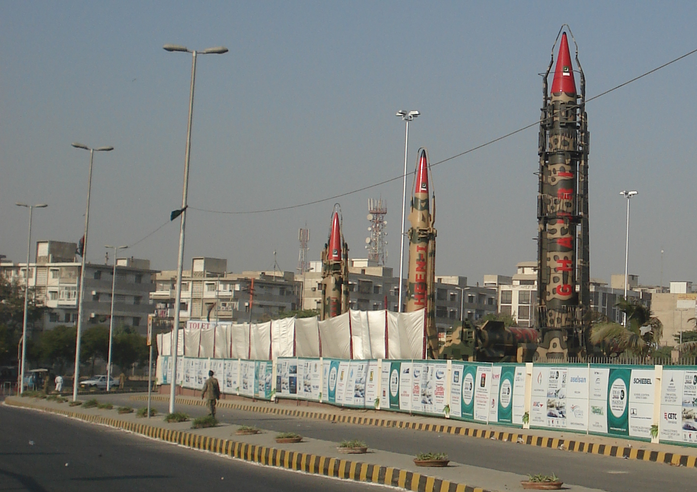 A Ghauri-I ballistic missile mounted on a transporter-erector-launcher at a defence exhibition
