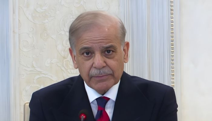 Prime Minister Shehbaz Sharif speaking at a meeting in Islamabad.