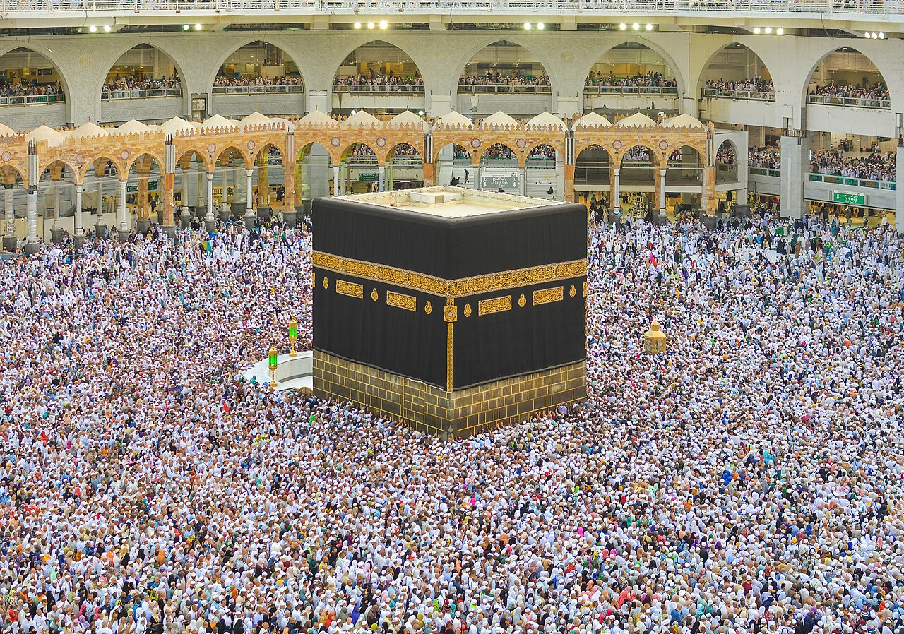 Pilgrims circumambulating the Kaaba at the Masjid al-Haram in Mecca, Saudi Arabia.