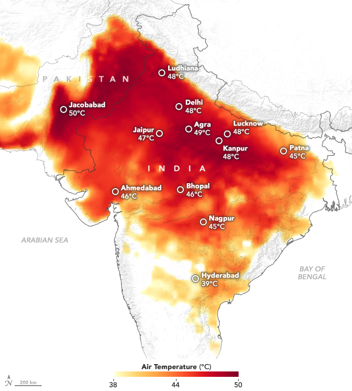 A satellite-derived map showing the extent of a heat wave across Pakistan and northern India.