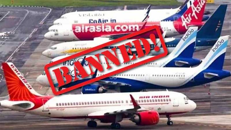 A composite image of Indian airline aircraft with a large red 'BANNED!' stamp across them.