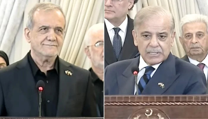 Prime Minister Shehbaz Sharif and Iran's President Masoud Pezeshkian at a joint press conference in Islamabad.