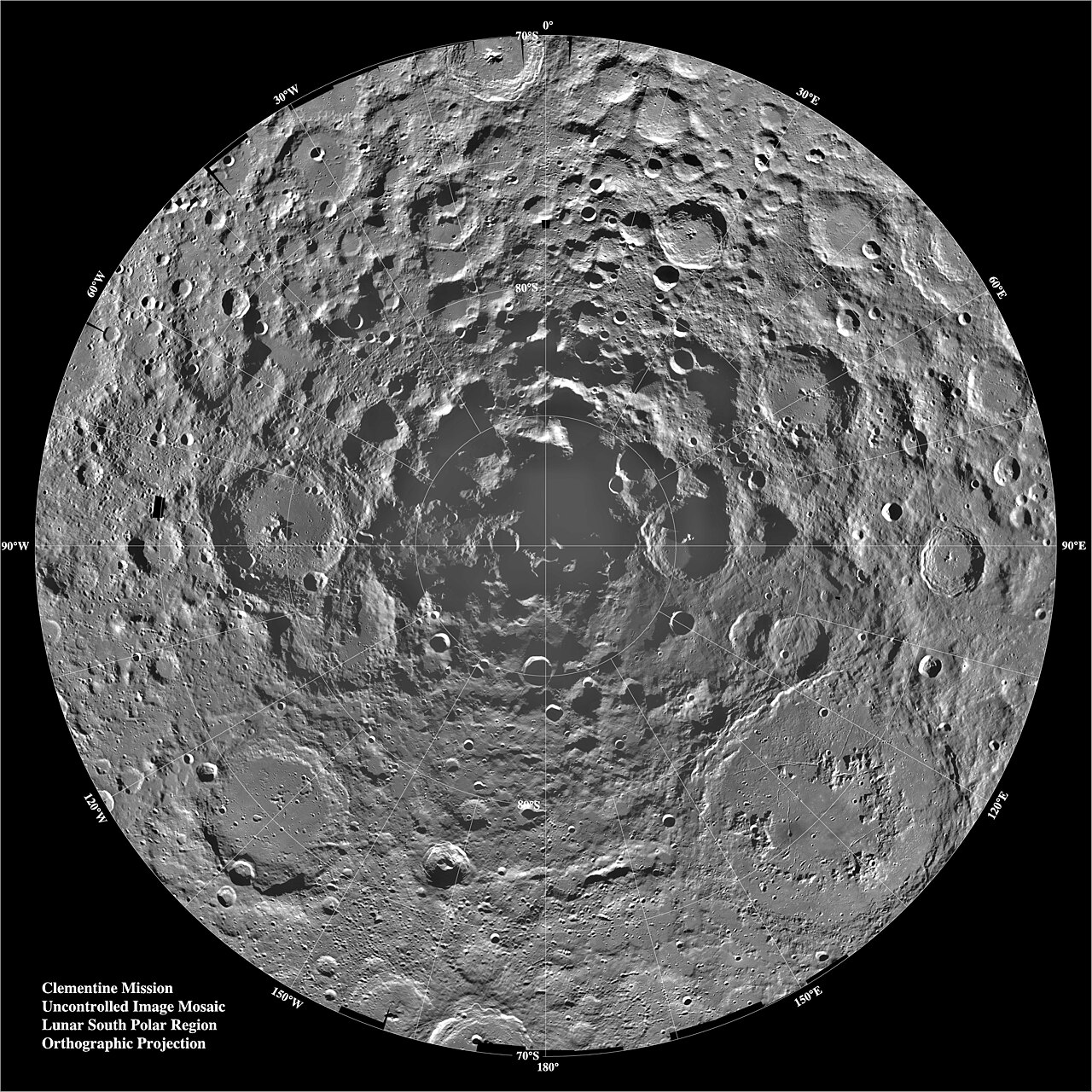 A mosaic of the Moon's south polar region showing heavily cratered grey terrain.