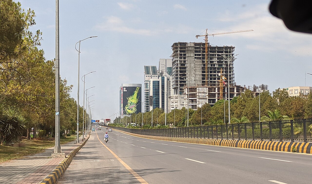 The Blue Area business district skyline in Islamabad, seen along Jinnah Avenue.