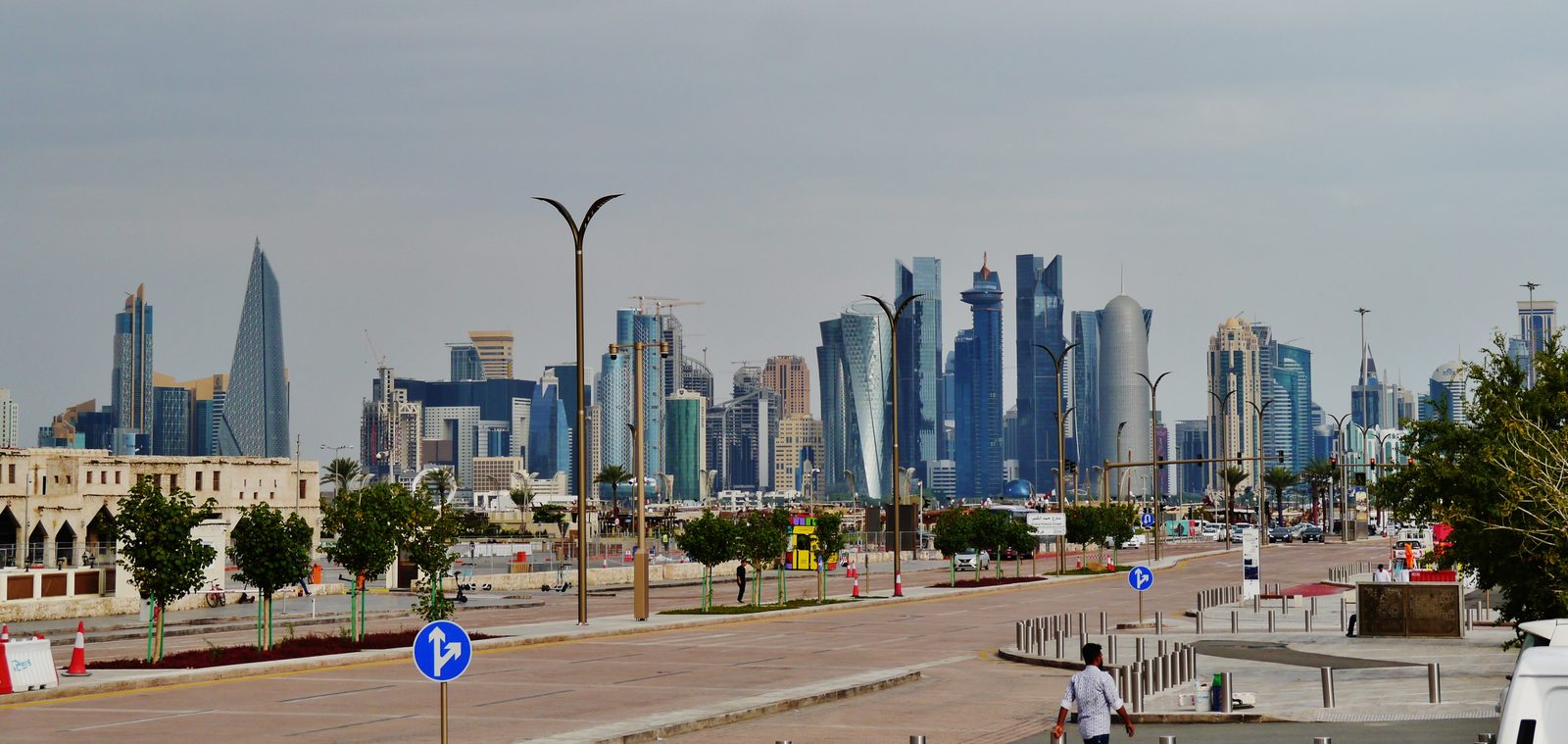 The West Bay skyline of Doha, Qatar, seen across the water.