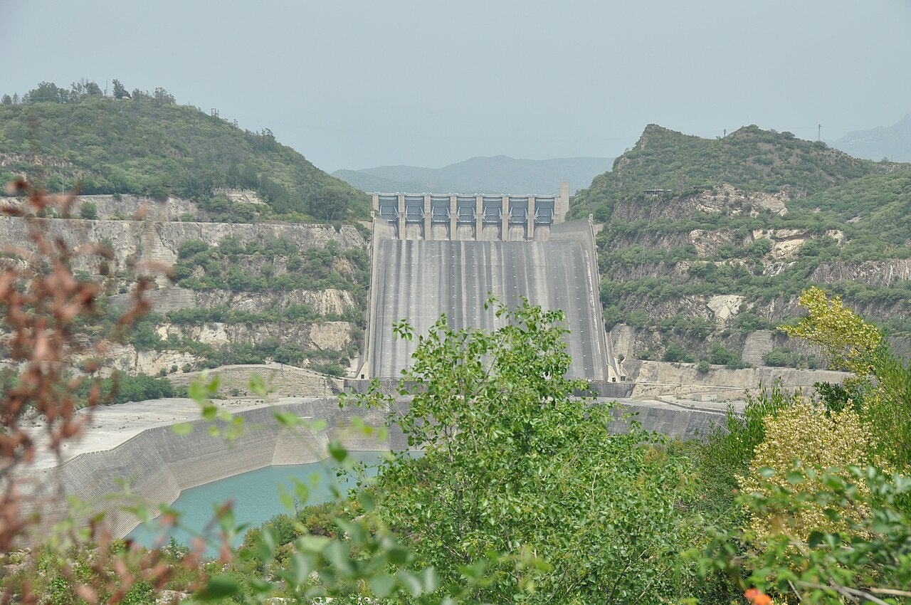 Water flowing down a concrete spillway at Tarbela Dam.