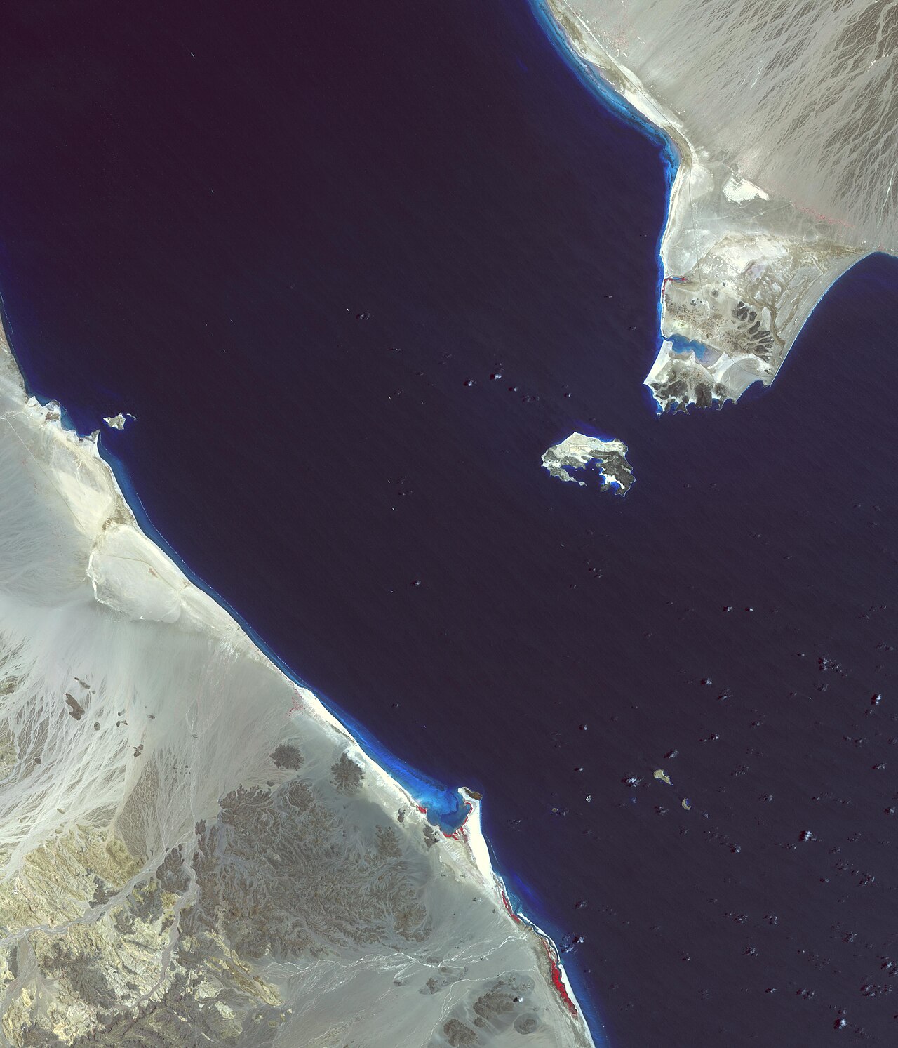 A satellite view of the Bab al-Mandeb strait separating Yemen from the Horn of Africa.