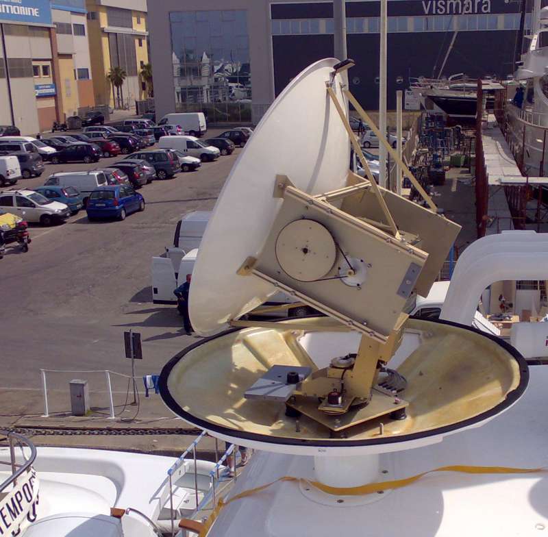 A large white VSAT satellite internet dish on a stand against a cloudy sky, with the front aperture and feed horn visible.