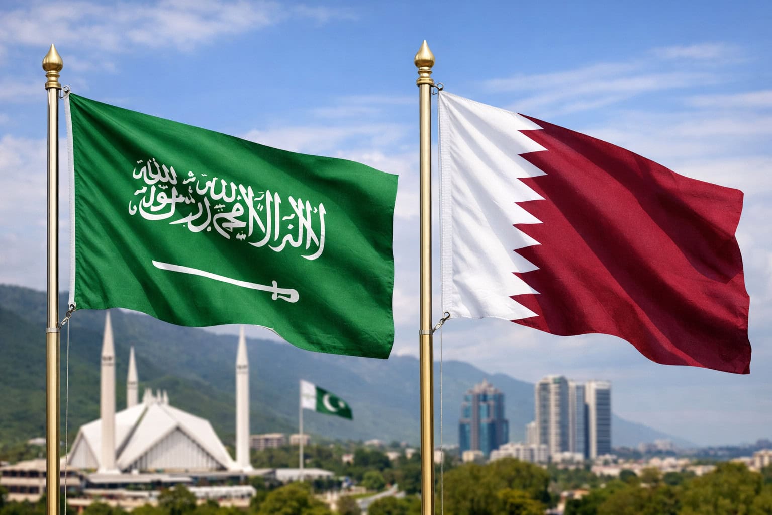 Representative illustration of the Saudi Arabian and Qatari flags flying in front of a Pakistan skyline with the Pakistan flag.