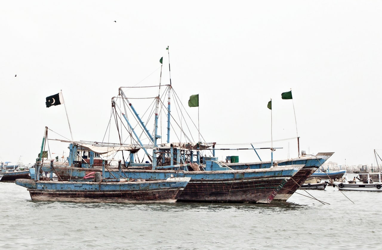 Fishing boats moored at Karachi Harbour in Pakistan.