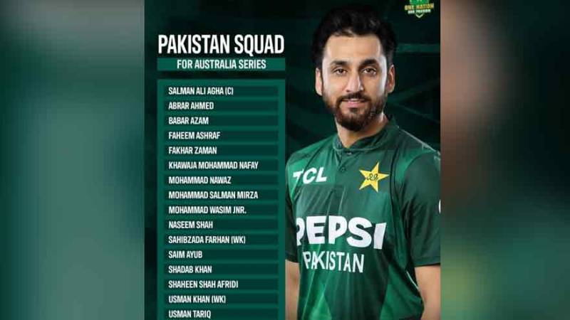 Graphic listing Pakistan's 16-player squad for the T20I series against Australia, with captain Salman Ali Agha pictured in the national green kit.